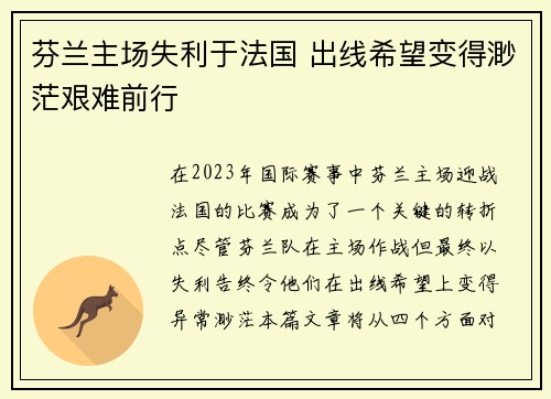 芬兰主场失利于法国 出线希望变得渺茫艰难前行