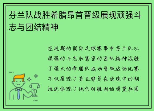 芬兰队战胜希腊昂首晋级展现顽强斗志与团结精神