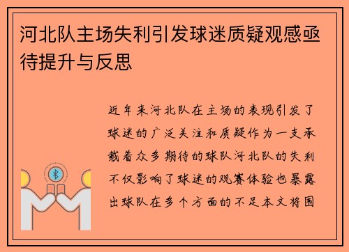 河北队主场失利引发球迷质疑观感亟待提升与反思