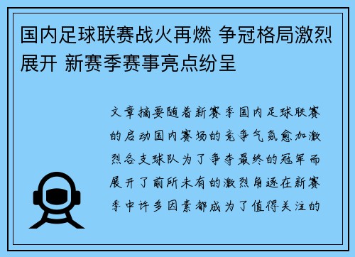 国内足球联赛战火再燃 争冠格局激烈展开 新赛季赛事亮点纷呈