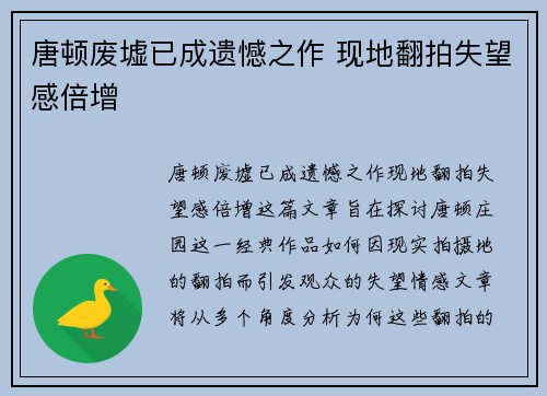 唐顿废墟已成遗憾之作 现地翻拍失望感倍增