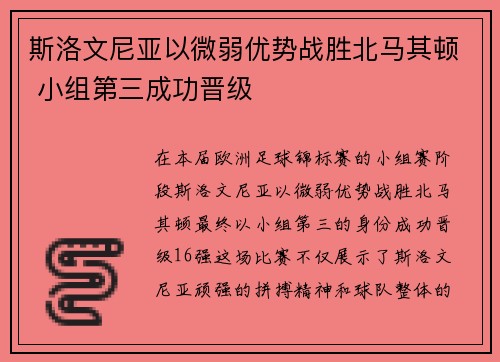斯洛文尼亚以微弱优势战胜北马其顿 小组第三成功晋级