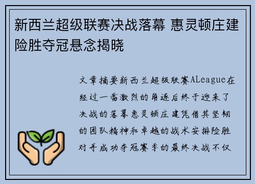 新西兰超级联赛决战落幕 惠灵顿庄建险胜夺冠悬念揭晓