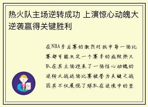 热火队主场逆转成功 上演惊心动魄大逆袭赢得关键胜利